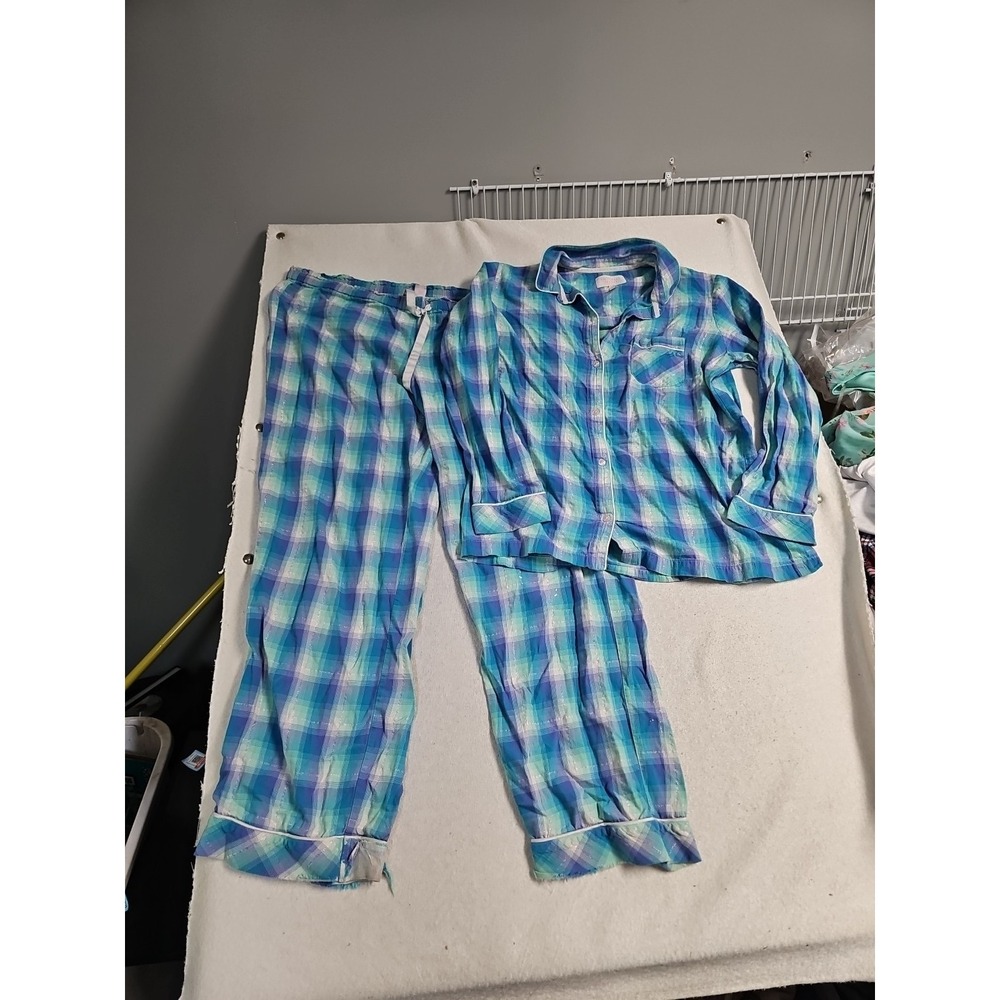 VICTORIA'S SECRET Metallic‎ Silver Checkered Blue Pink Pajamas Set Sz L